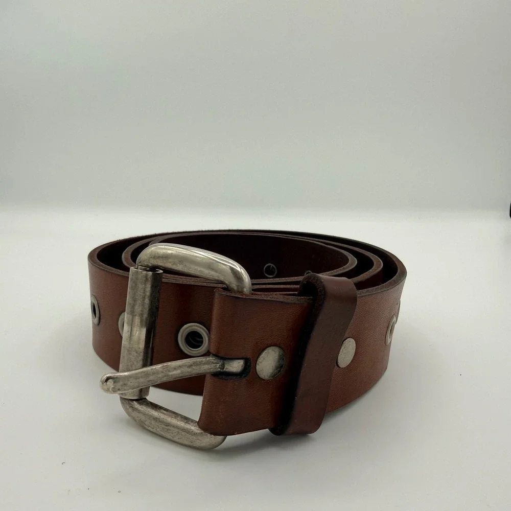 Reward by Bill Adler Brown Full Grain Leather Grommet Belt Silver Buckle 38